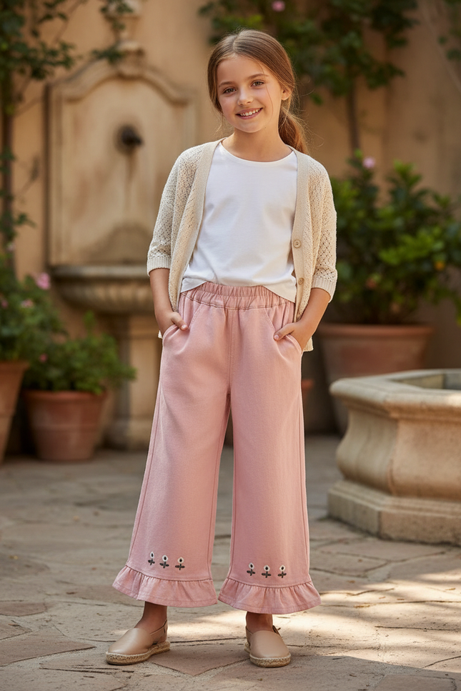 Pantalon En Lin Rose Volants Brodés Ample Fille - Molleton