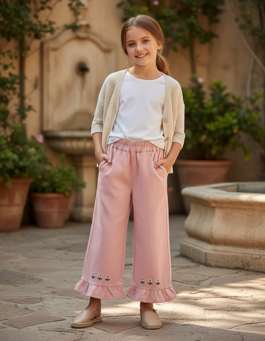 Pantalon En Lin Rose Volants Brodés Ample Fille - Molleton