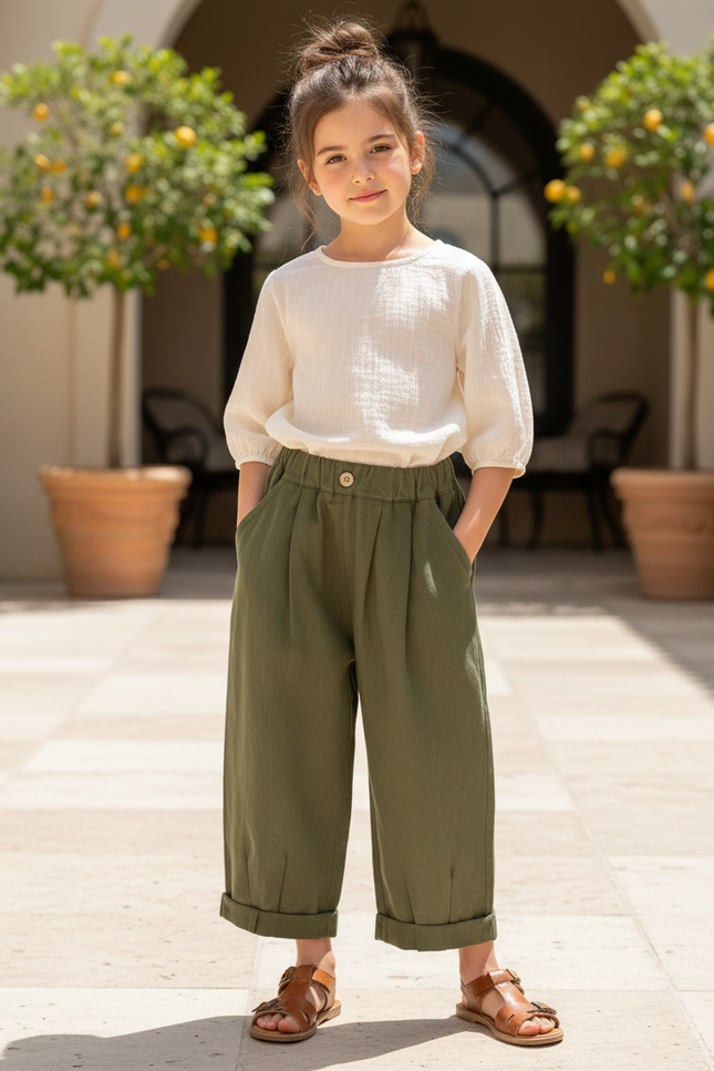 Pantalon En Lin Vert Militaire Ample Enfant Décontracté - Kaki