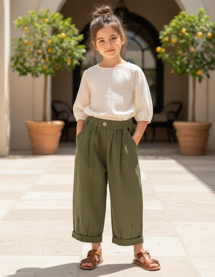Pantalon En Lin Vert Militaire Ample Enfant Décontracté - Kaki
