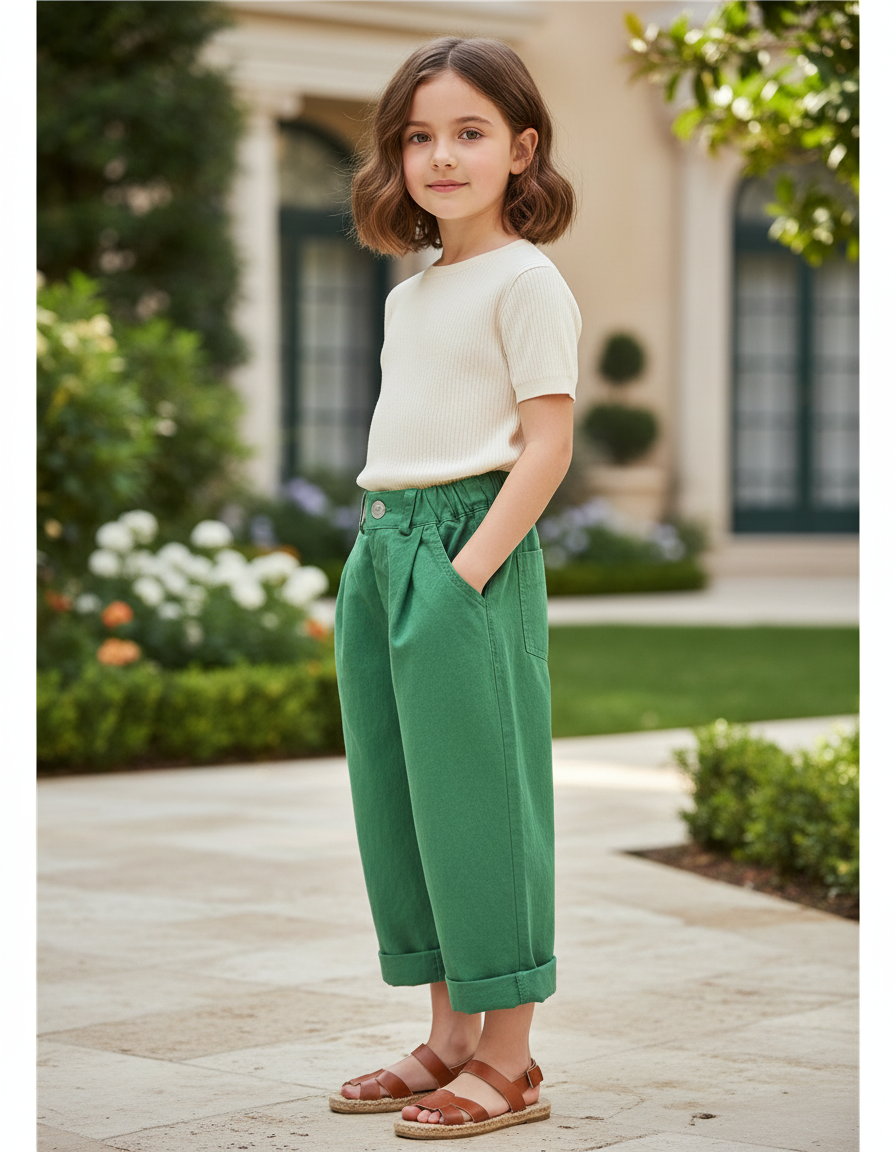 Pantalon En Lin Vert Ample Élastiqué Décontracté Fille