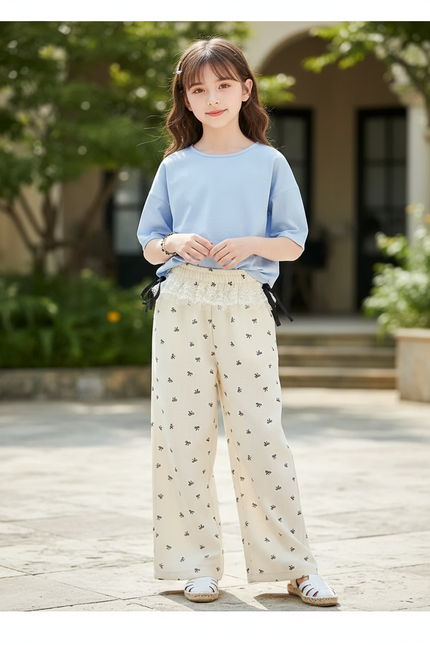 Pantalon En Lin Écru Imprimé Nœuds Ample Fille - Beige