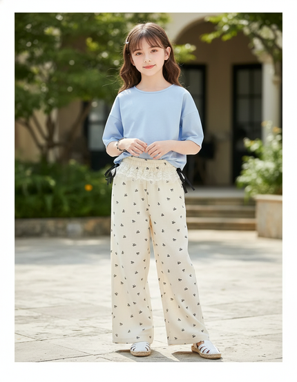 Pantalon En Lin Écru Imprimé Nœuds Ample Fille - Beige