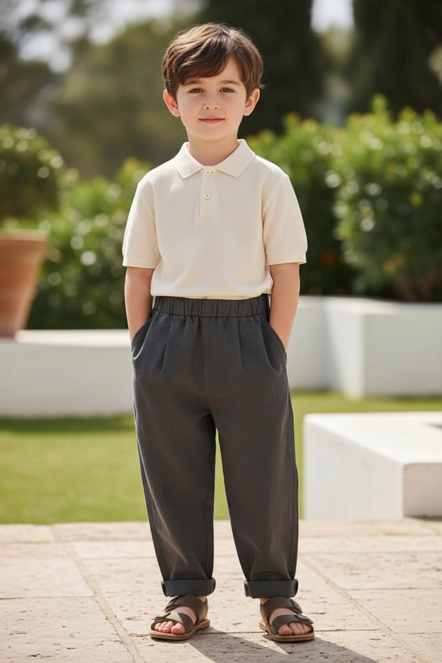 Pantalon En Lin Gris Anthracite Ample Plissé Enfant