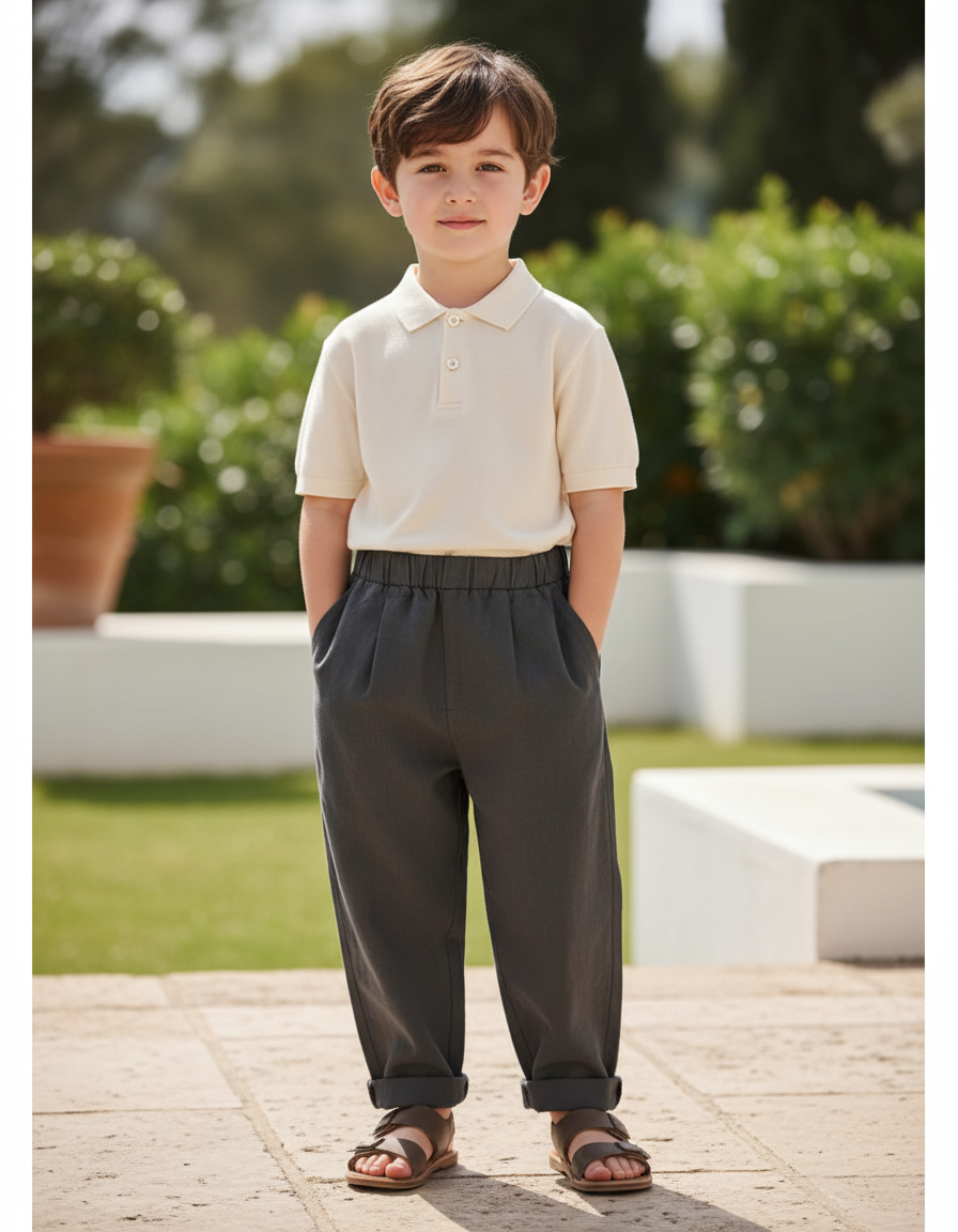 Pantalon En Lin Gris Anthracite Ample Plissé Enfant