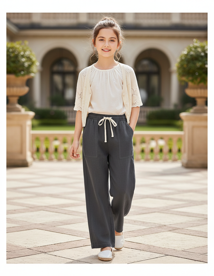 Pantalon En Lin Gris Ample Décontracté Enfant Fille