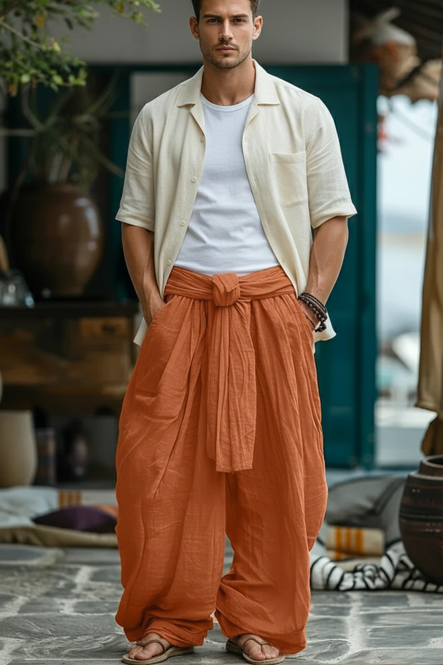 Pantalon En Lin Ample Décontracté Homme Cordon De Serrage - Orange