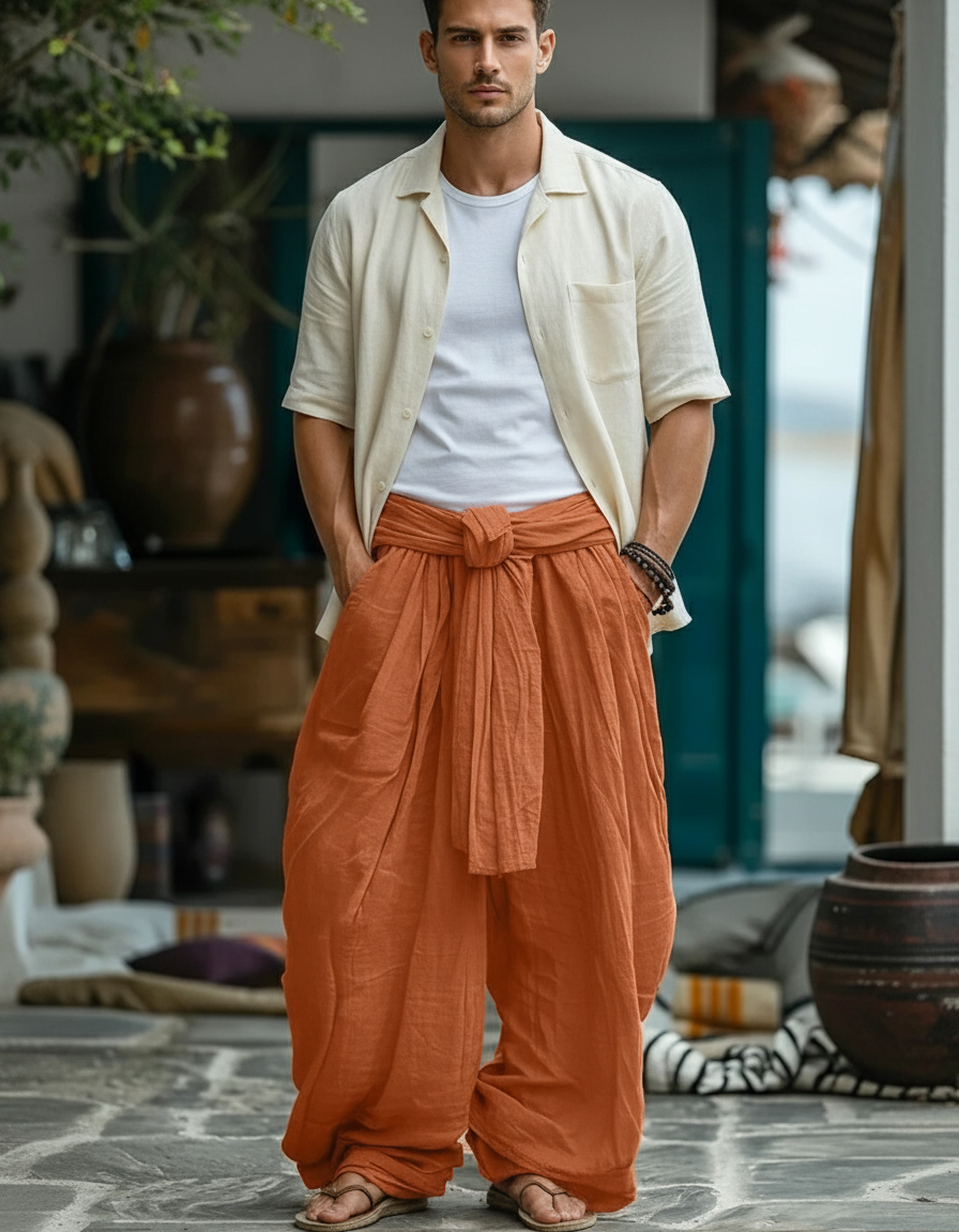 Pantalon En Lin Ample Décontracté Homme Cordon De Serrage - Orange