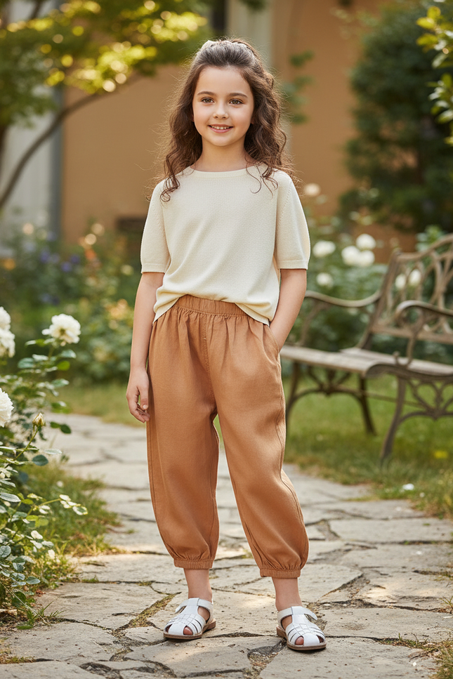 Pantalon En Lin Marron Ample Enfant Élastique Confortable
