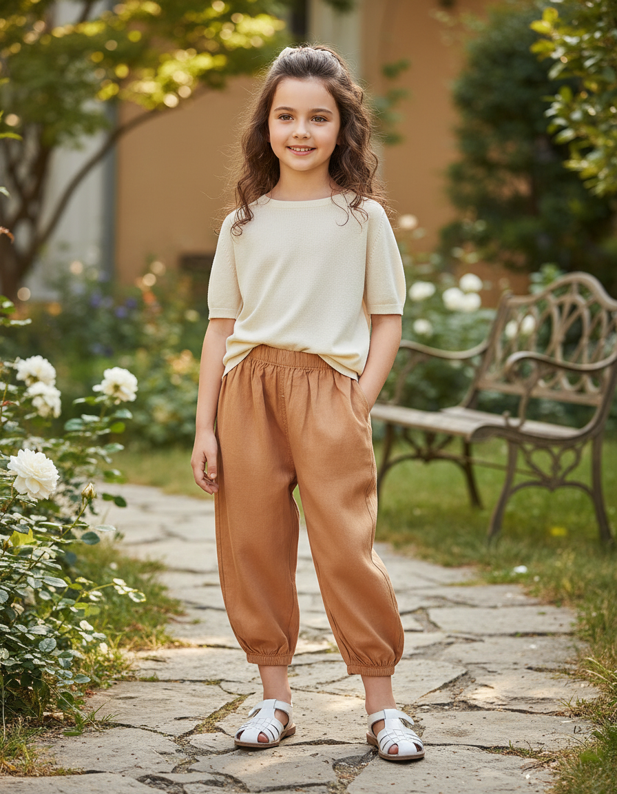Pantalon En Lin Marron Ample Enfant Élastique Confortable