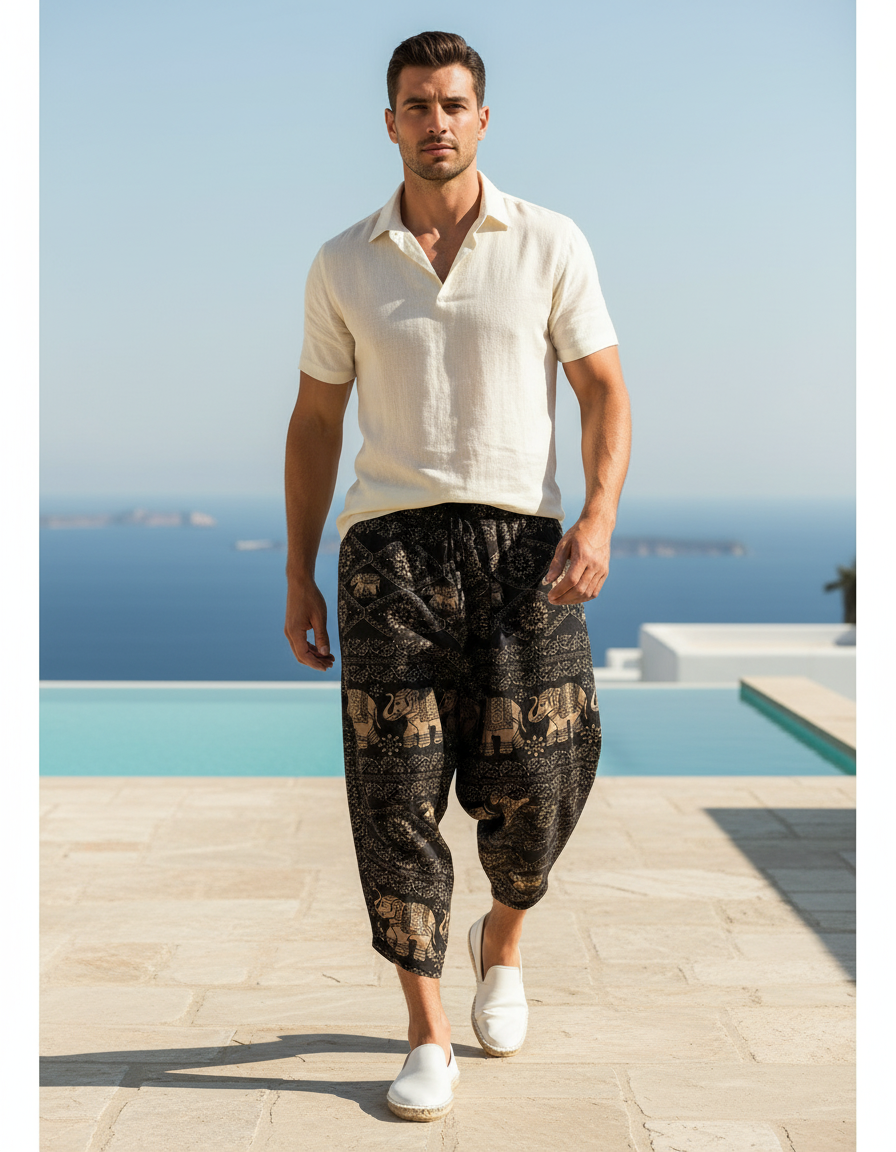 Pantalon En Lin Noir Ample Imprimé Éléphants Harem Homme