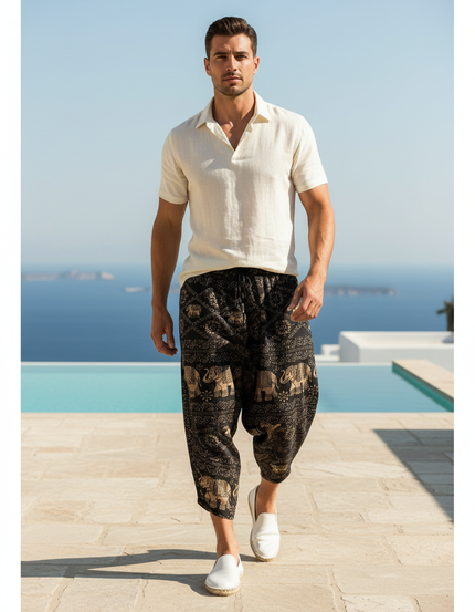 Pantalon En Lin Noir Ample Imprimé Éléphants Harem Homme