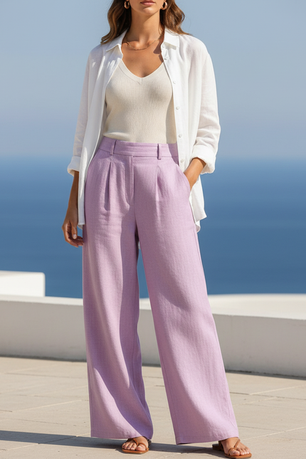 Pantalon En Lin Lavande Ample Plissé Fluide - Violet