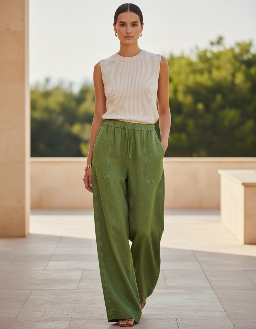 Pantalon En Lin Vert Ample Décontracté Léger