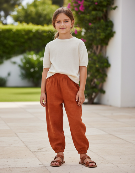 Pantalon En Lin Enfant Ample Confortable Marron Plissé
