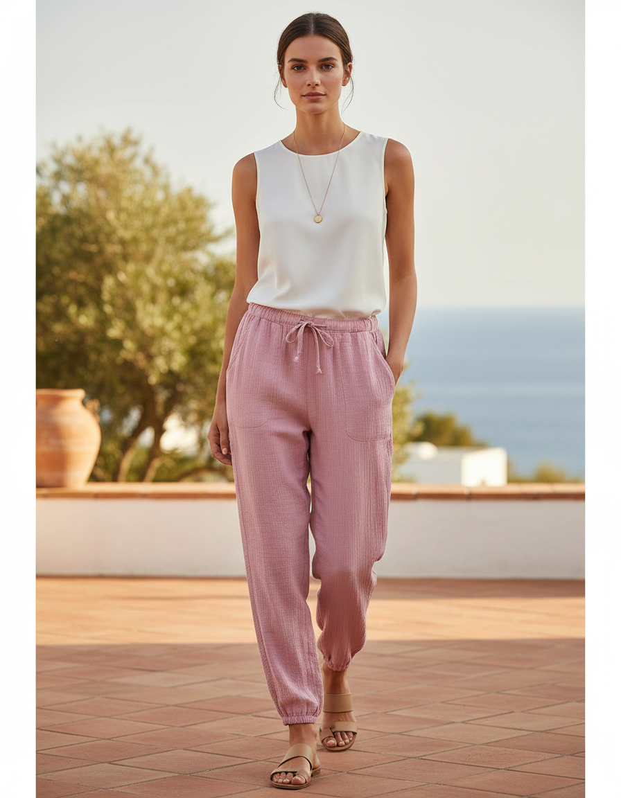 Pantalon En Lin Rose Coton Décontracté Femme
