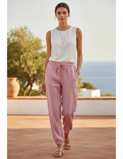 Pantalon En Lin Rose Coton Décontracté Femme