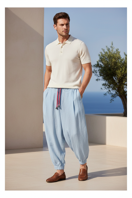 Pantalon En Lin Bleu Ciel Ample Cordon Homme