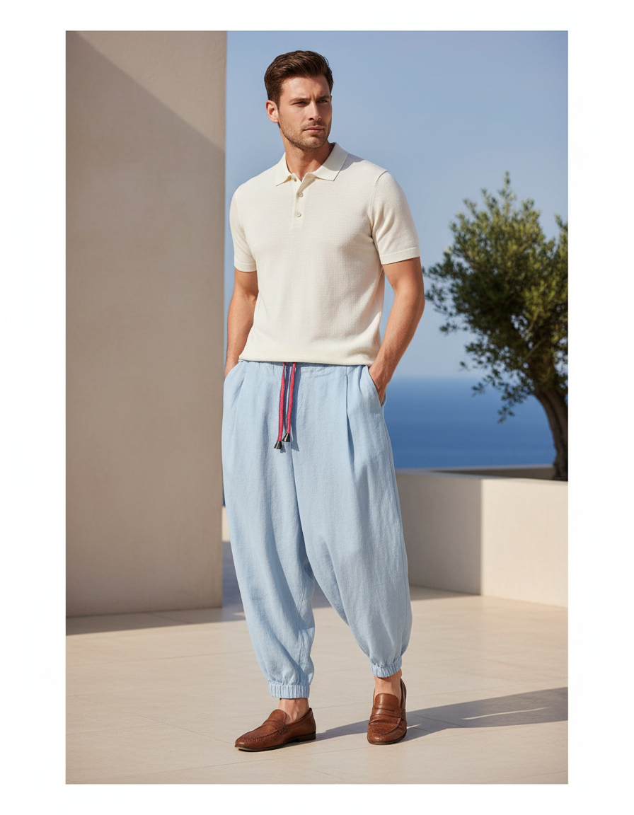 Pantalon En Lin Bleu Ciel Ample Cordon Homme