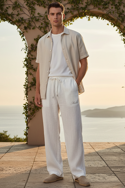 Pantalon En Lin Blanc Droit Décontracté Cordon Homme