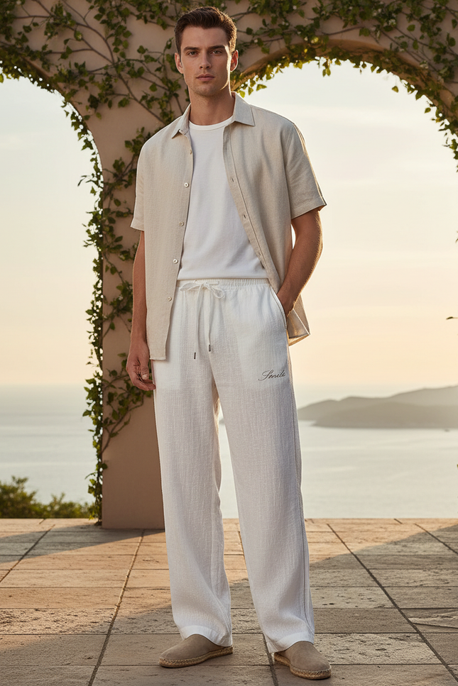 Pantalon En Lin Blanc Droit Décontracté Cordon Homme