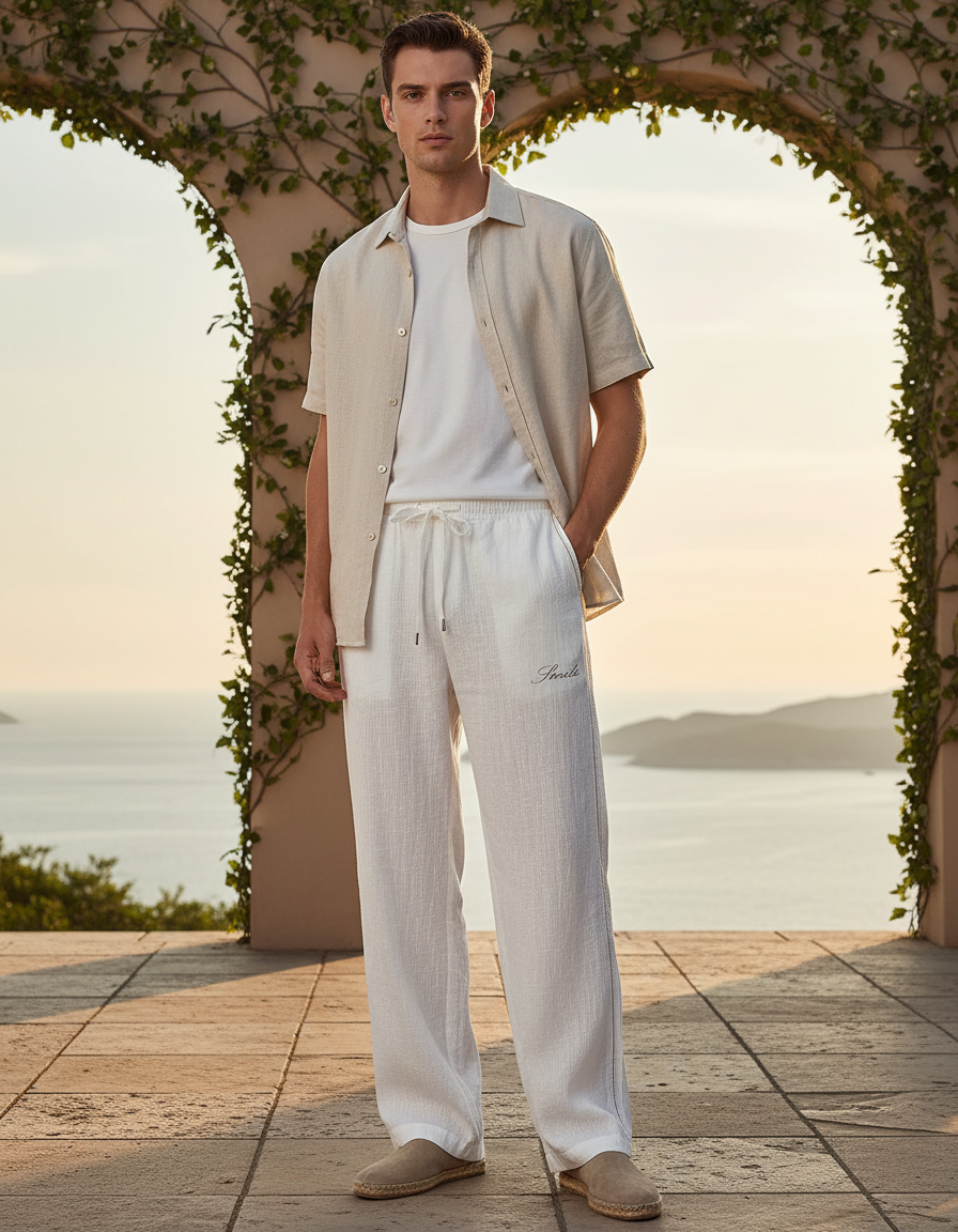 Pantalon En Lin Blanc Droit Décontracté Cordon Homme