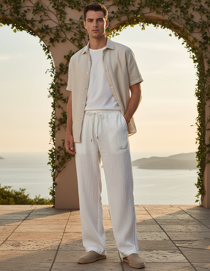 Pantalon En Lin Blanc Droit Décontracté Cordon Homme