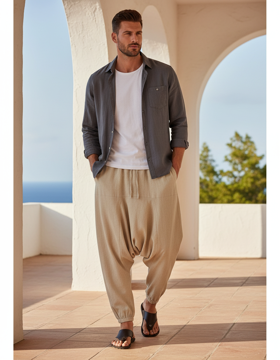 Pantalon En Lin Homme Beige Ample Décontracté Harem