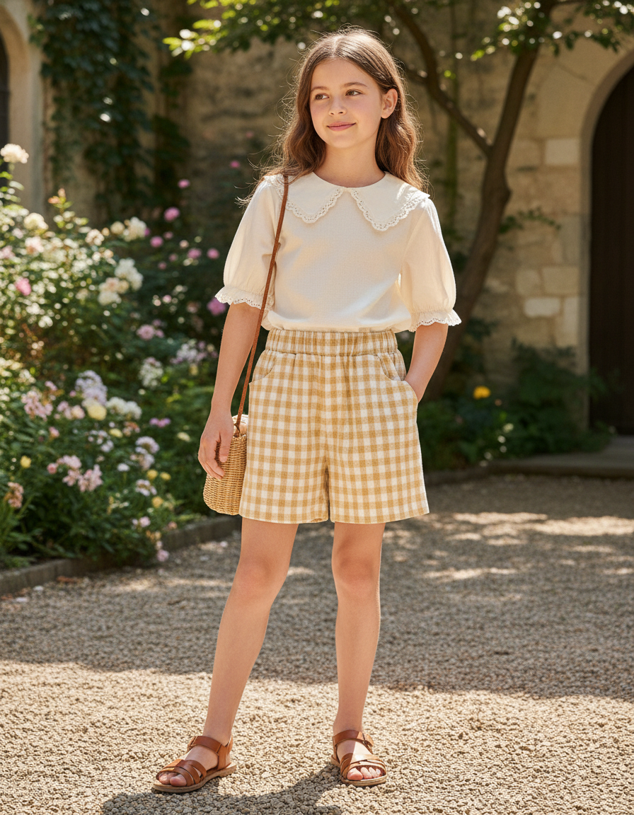 Pantalon En Lin Carreaux Jaunes Ample Confortable Enfant