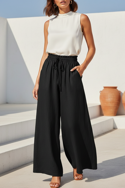 Pantalon En Lin Noir Ample Fluide Taille Haute