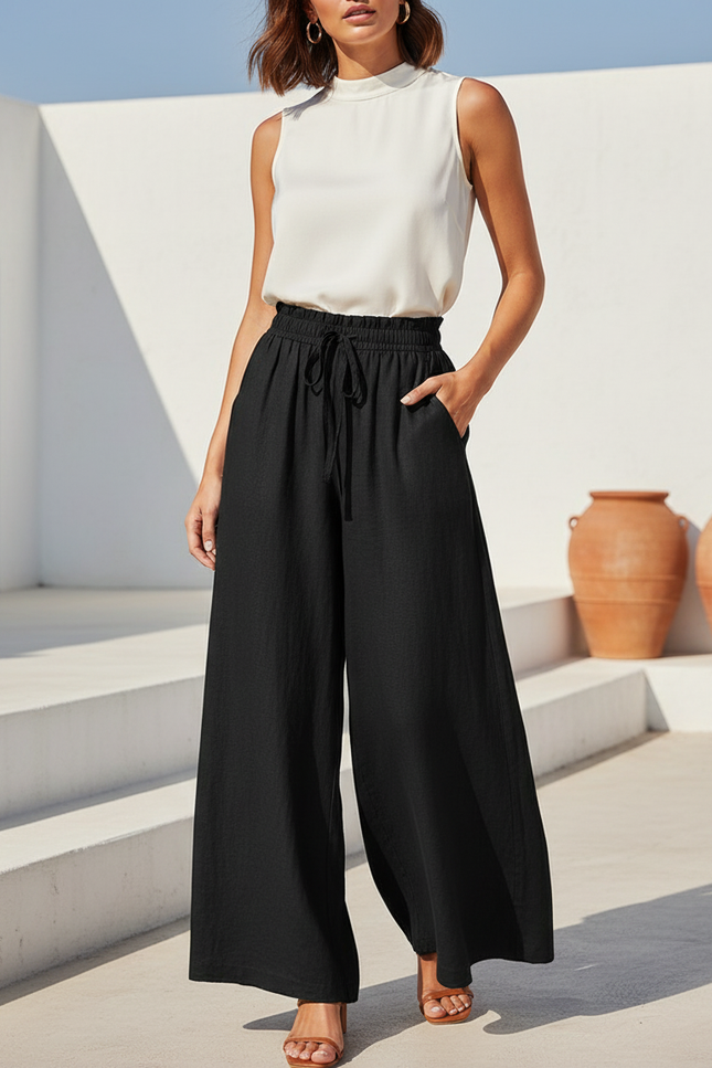 Pantalon En Lin Noir Ample Fluide Taille Haute