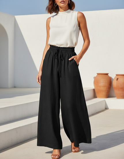 Pantalon En Lin Noir Ample Fluide Taille Haute