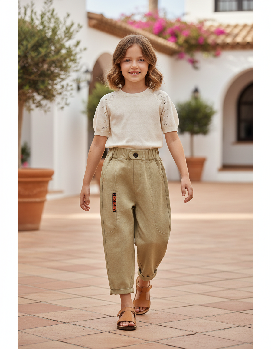 Pantalon En Lin Cargo Beige Ample Enfant - Kaki