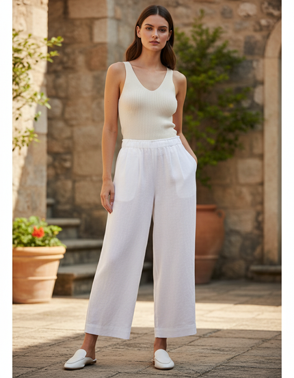 Pantalon En Lin Blanc Ample Fluide Taille Haute