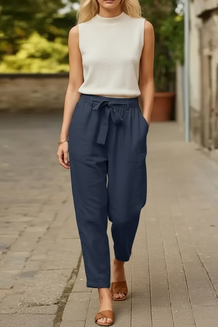 Pantalon En Lin Bleu Marine Ample Taille Haute Décontracté