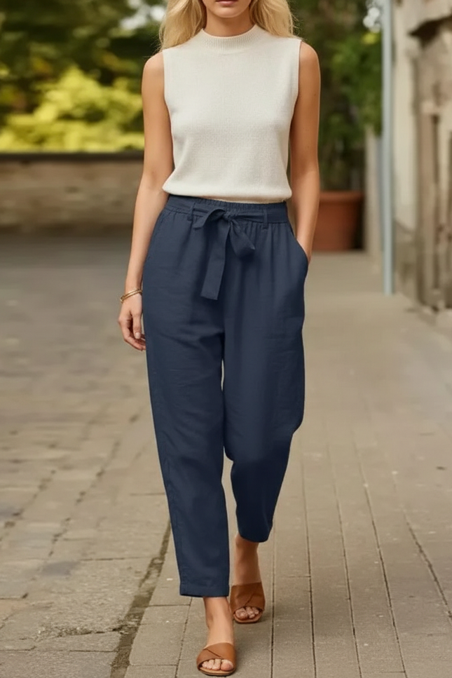 Pantalon En Lin Bleu Marine Ample Taille Haute Décontracté