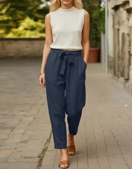 Pantalon En Lin Bleu Marine Ample Taille Haute Décontracté