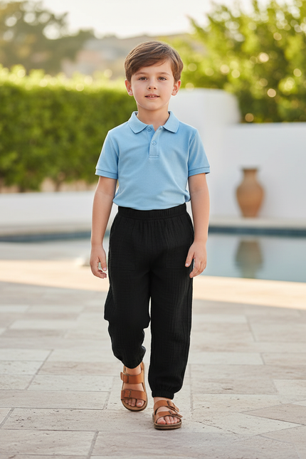Pantalon En Lin Noir Ample Plissé Décontracté Enfant