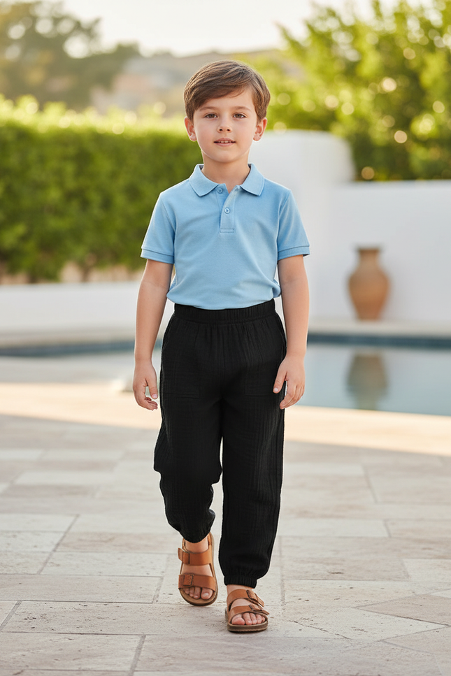 Pantalon En Lin Noir Ample Plissé Décontracté Enfant