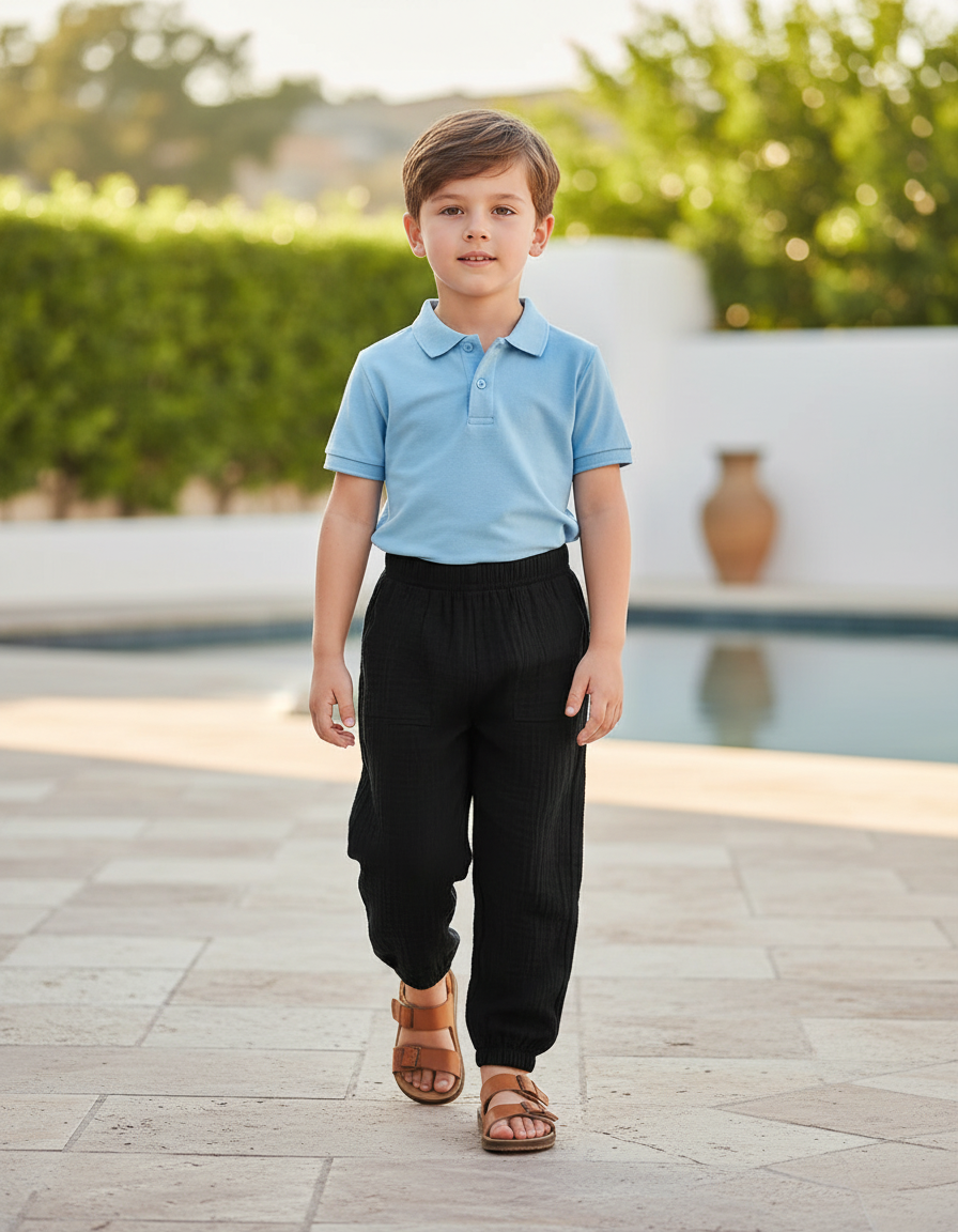 Pantalon En Lin Noir Ample Plissé Décontracté Enfant