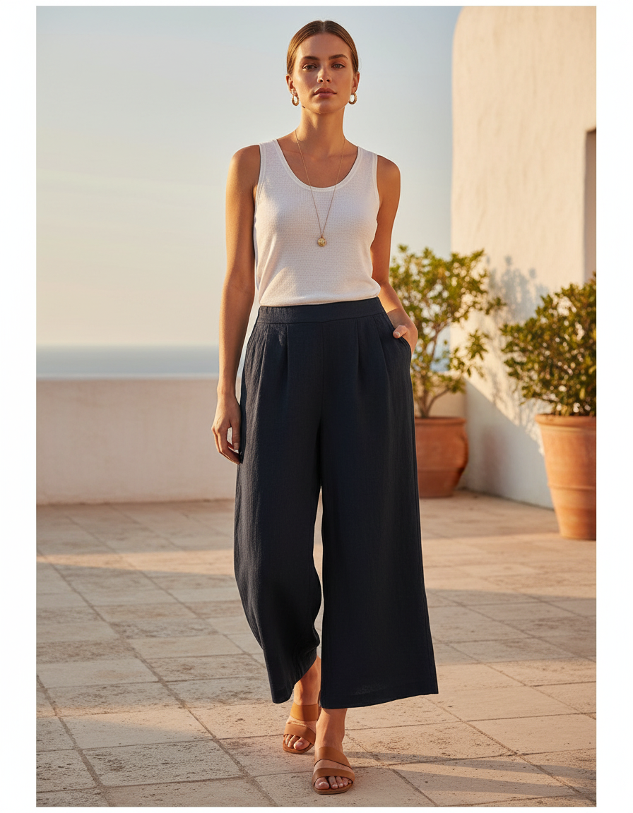 Pantalon En Lin Noir Ample Plissé Confortable - Marine