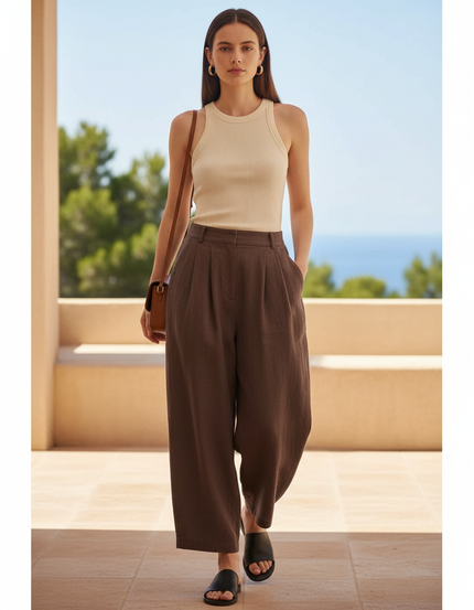 Pantalon En Lin Ample Marron Plissé Décontracté Femme