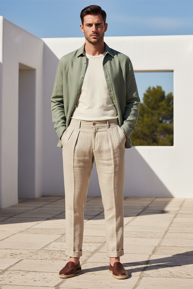 Pantalon En Lin Beige Plissé Droit Homme Élégant