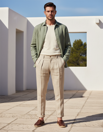 Pantalon En Lin Beige Plissé Droit Homme Élégant