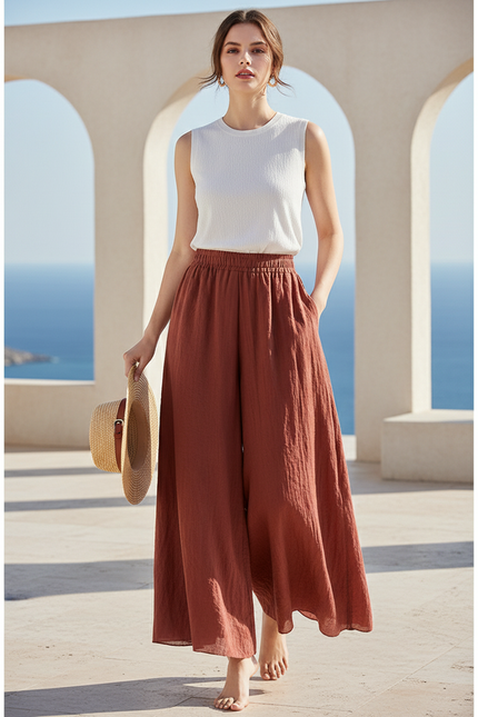 Pantalon En Lin Ample Marron Fluide Décontracté Femme