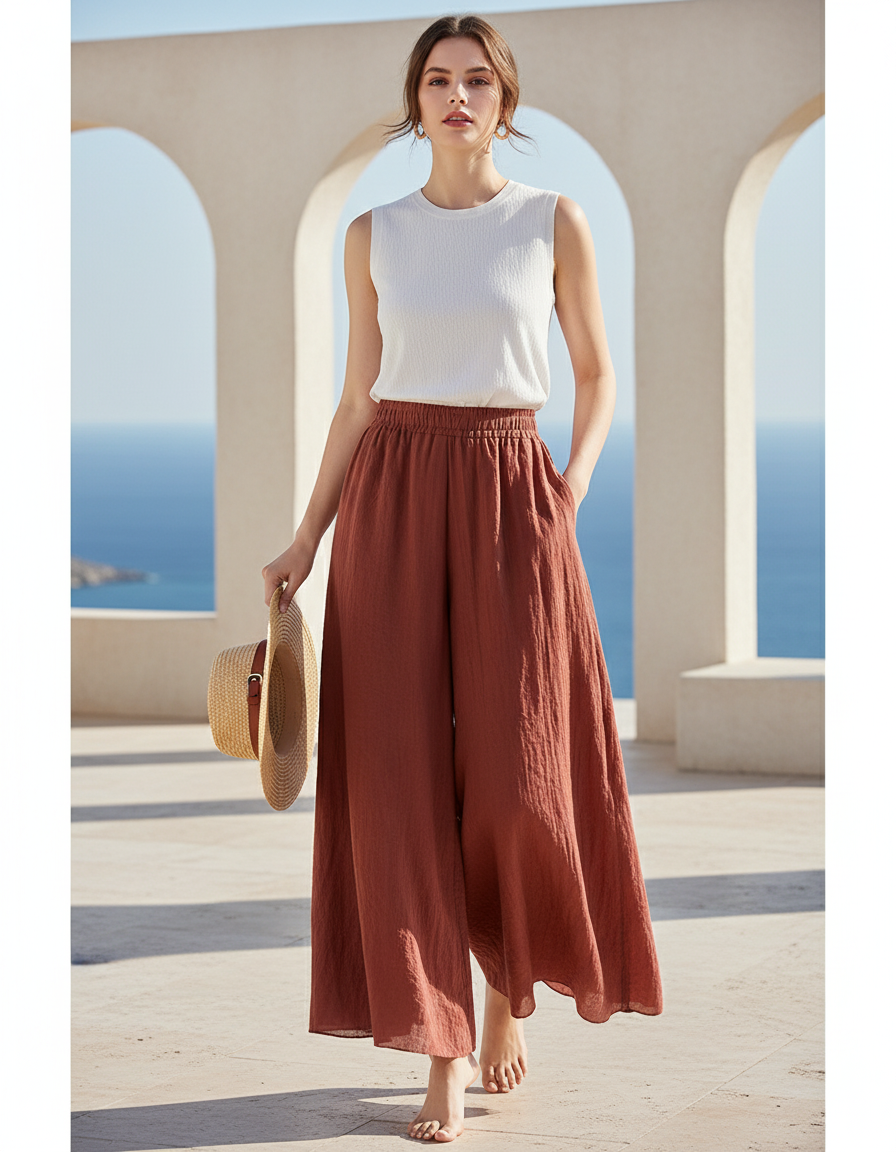 Pantalon En Lin Ample Marron Fluide Décontracté Femme