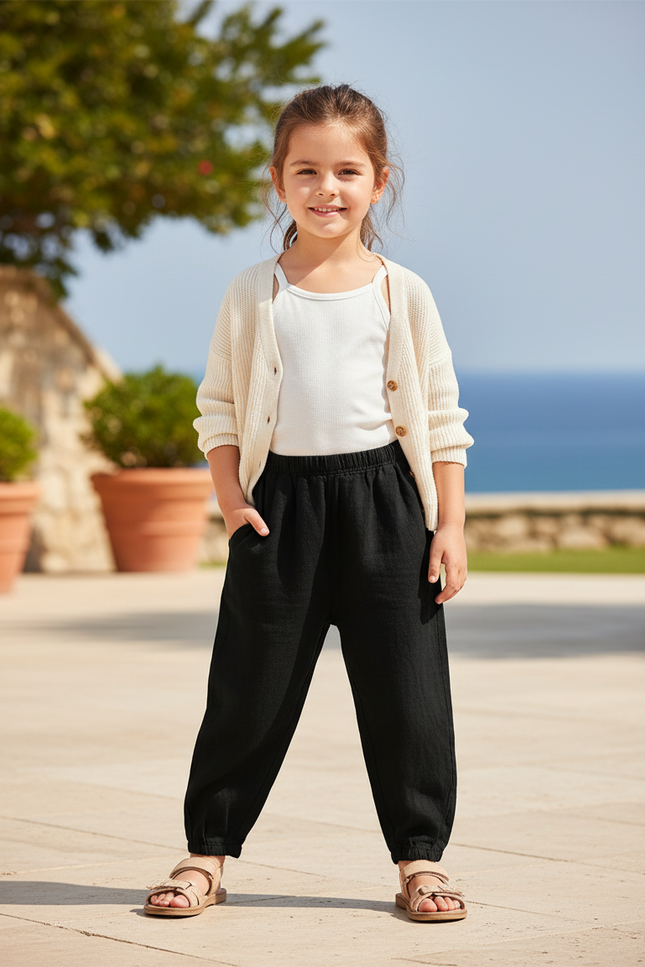 Pantalon En Lin Noir Ample Élastique Enfant