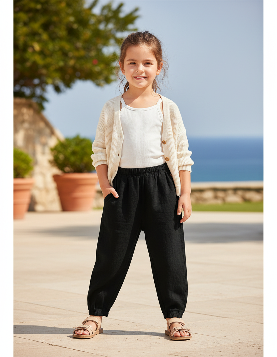 Pantalon En Lin Noir Ample Élastique Enfant