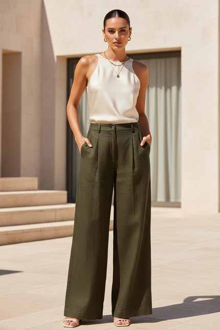 Pantalon En Lin Kaki Ample Plissé Élégant Femme