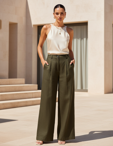 Pantalon En Lin Kaki Ample Plissé Élégant Femme